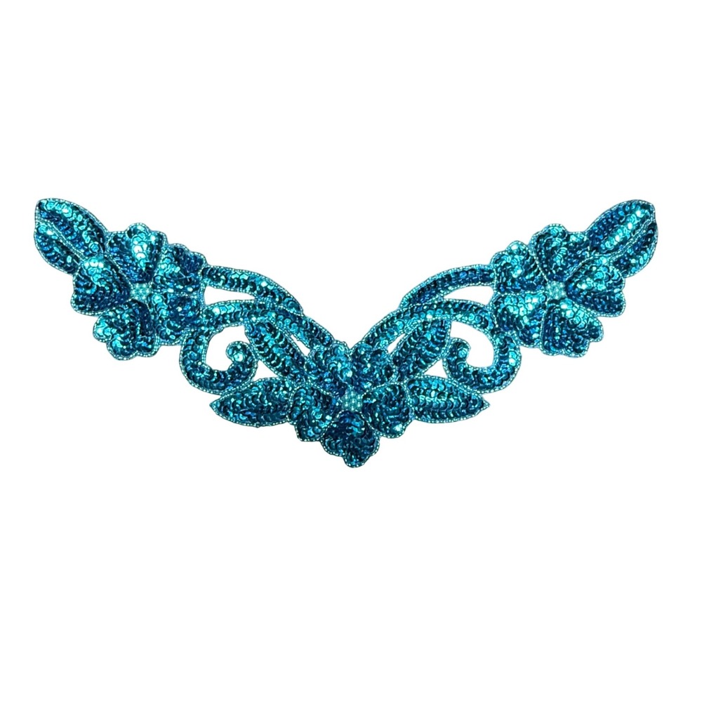 Sequin Applique Floral Embellishment Teal Blue Flower Iron On Patch